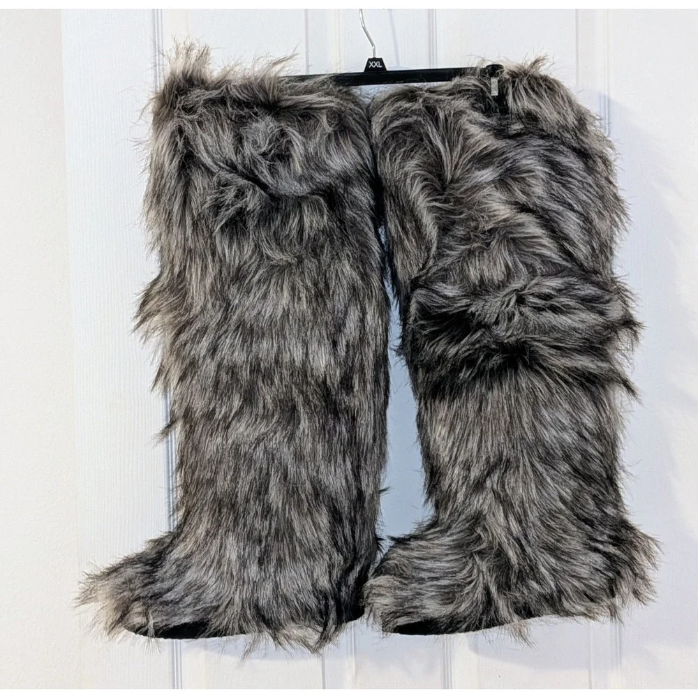 Faux Fur Shaggy Salt Pepper Grey Festival Knee High Yeti Mukluk Boots Size 8 NEW
